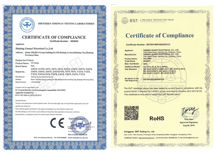 certification of GPH241T5L UVC lamp for surface disinfection